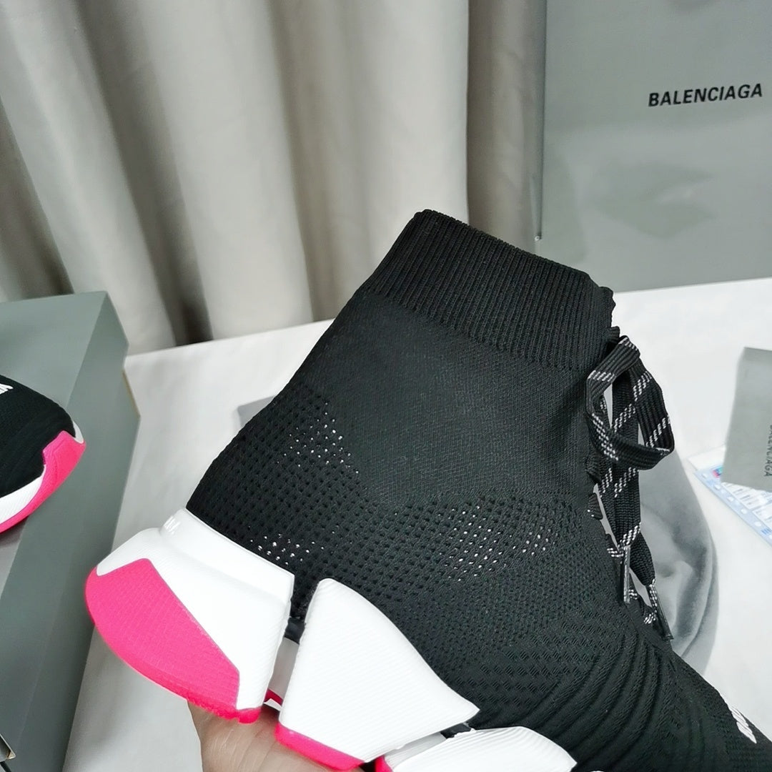 Balenciaga Unisex Black Pink Accent Lace-up Sock Sneakers Fashion Statement for Men and Women