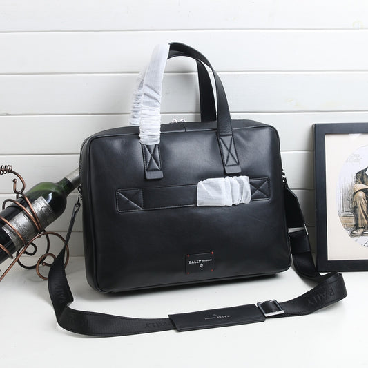 Black Bally Leather Briefcase With Signature Striped Accent And Branded Details For Professional Use Style No.63808