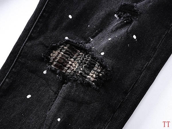 Amiri Black Distressed Jeans With Plaid Patches And Paint Splatters