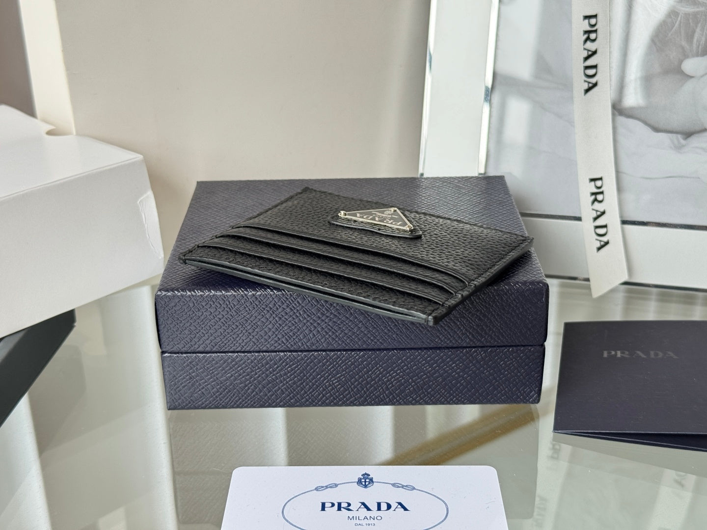 Prada Black Grained Leather Card Holder With Iconic Logo Plate 1MC025