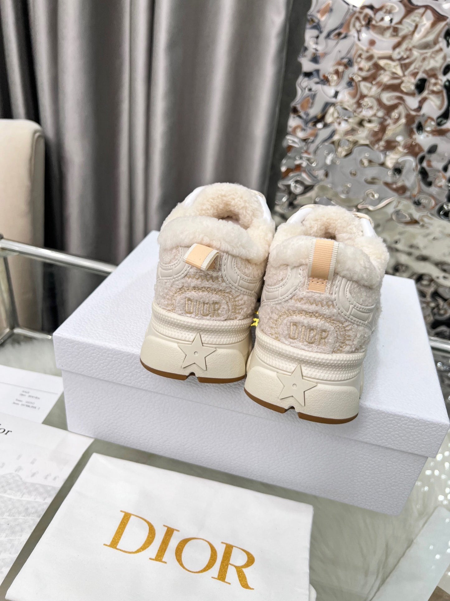 Women's Dior Cream - Colored Sneakers With Plush Fleece Details