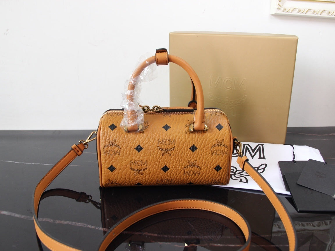 MCM Brown Visetos Coated Canvas Mini Boston Bag With Logo Plate 30199