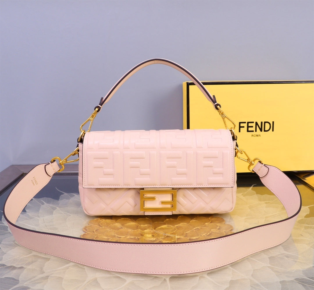 Chic Fendi Baguette Bag With Embossed FF Pattern And Gold - Tone Hardware 52039