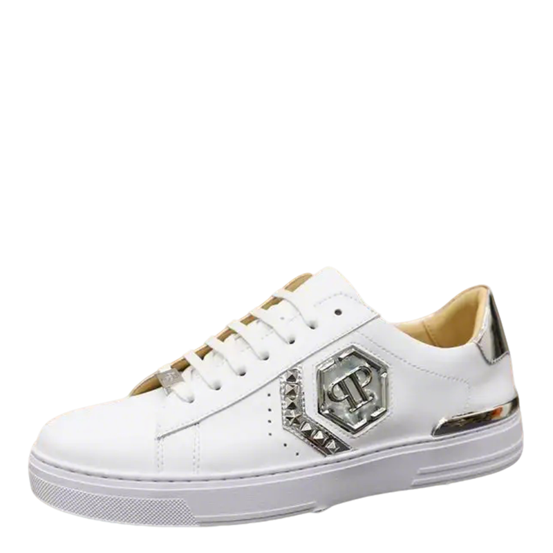 Philipp Plein White Leather Sneakers With Silver Logo Details