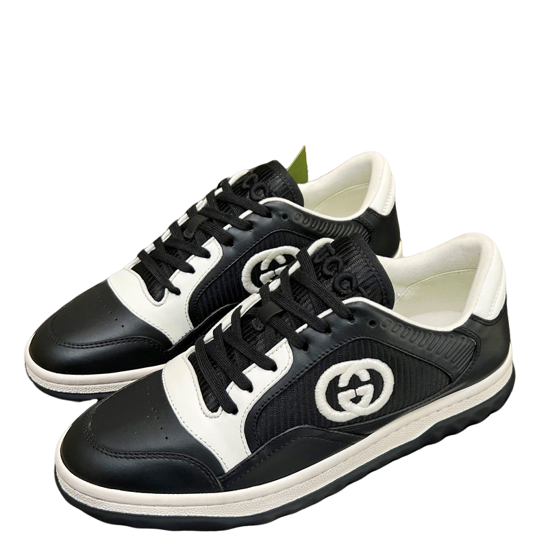 Gucci Black And White Leather Sneakers With Interlocking G