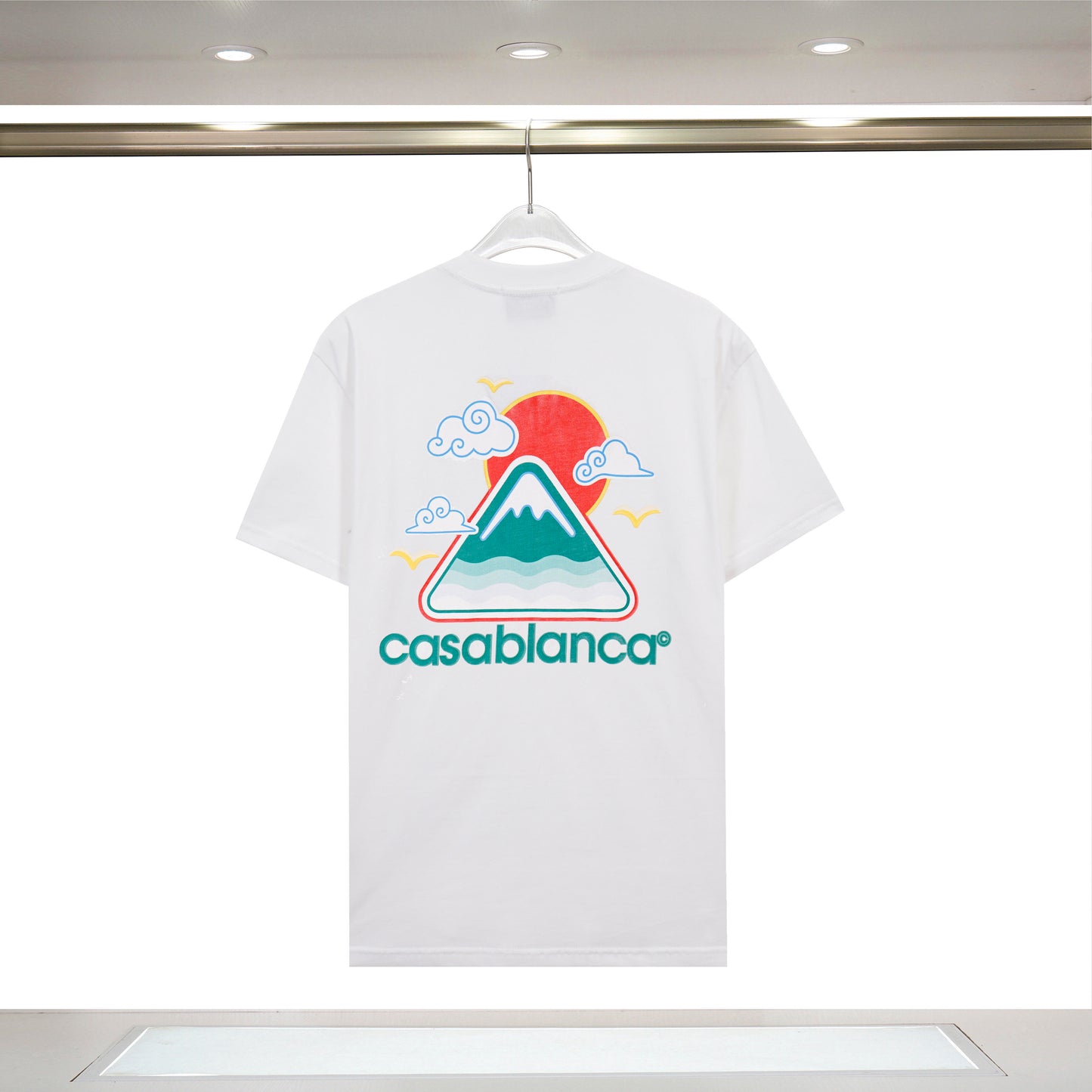 Casablanca White/Black/Green T - Shirt With Colorful Mountain Sun And Brand Logo Graphic