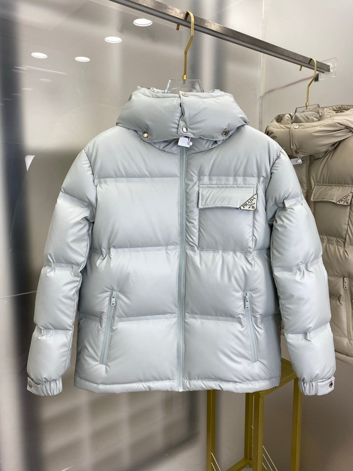Light Gray Prada Puffer Jacket With Hood And Logo