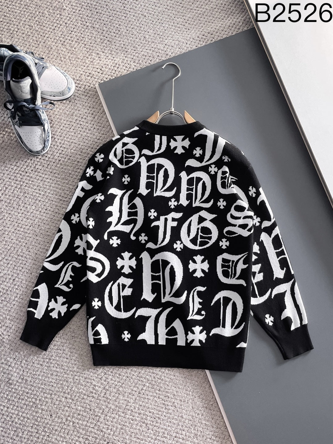 Chrome Hearts Style Black Crew Neck Sweater With Gothic Letter Print