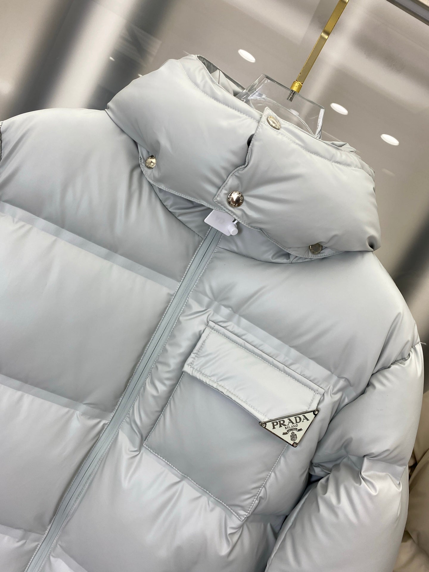 Light Gray Prada Puffer Jacket With Hood And Logo