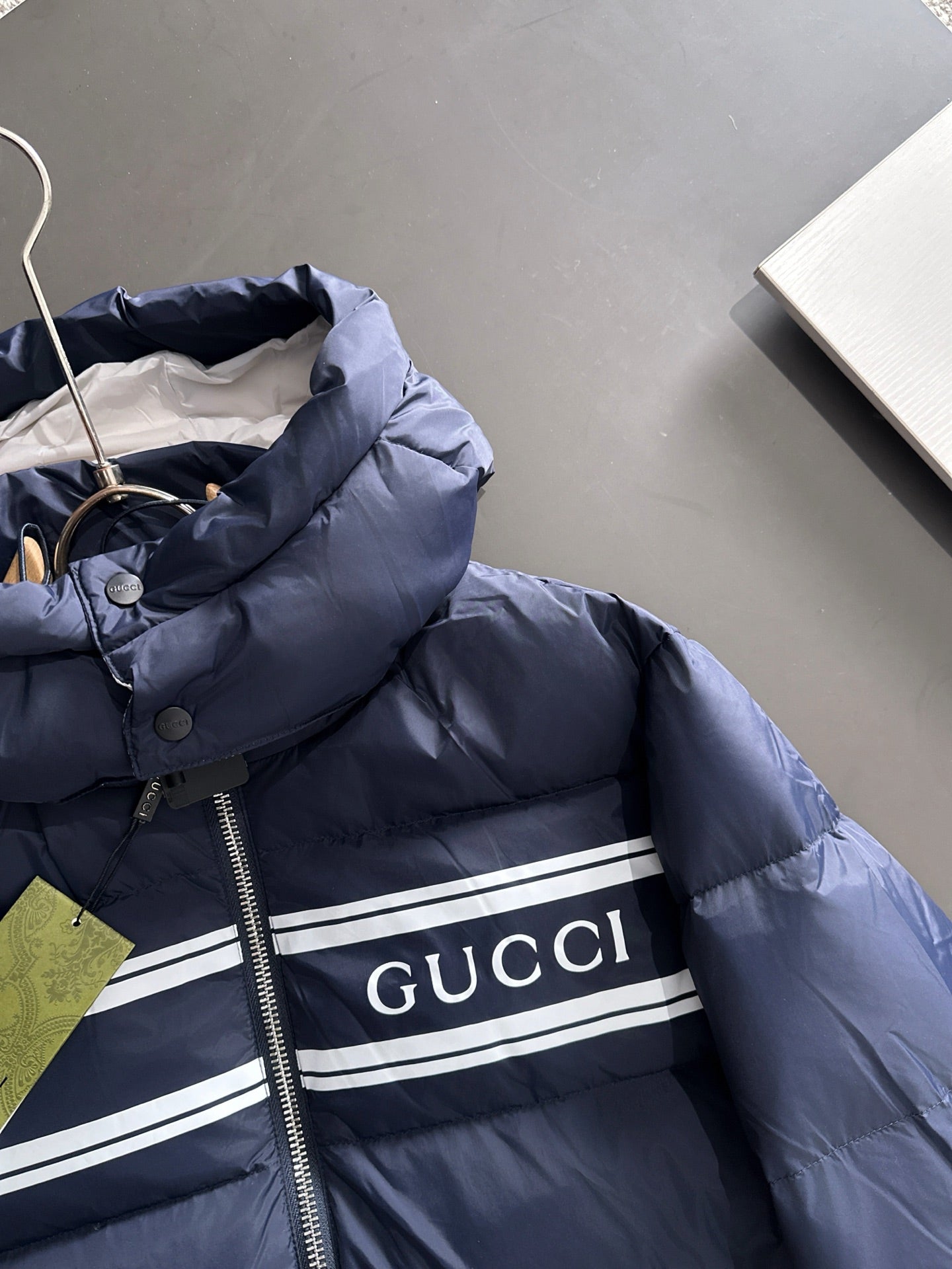 Gucci Navy Blue Hooded Down Jacket With Brand Logo Stripe