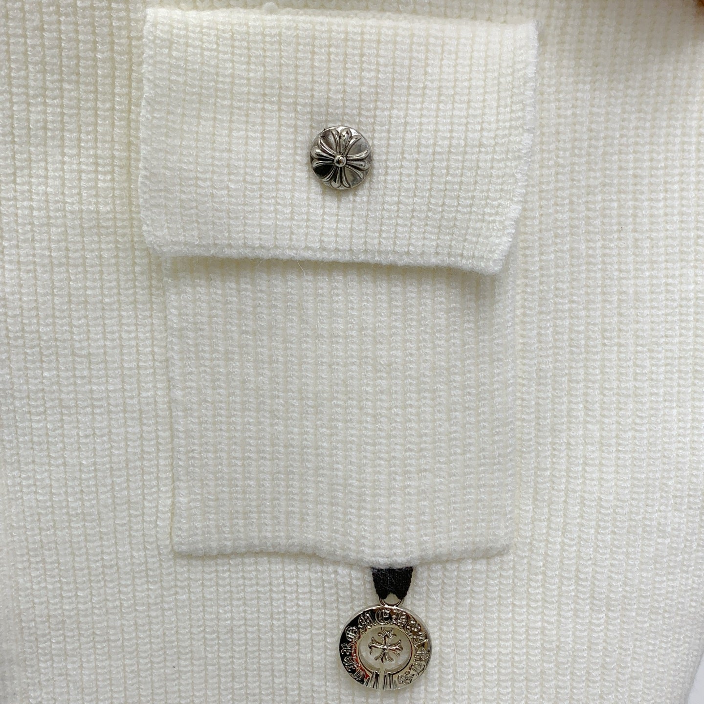 Chrome Hearts Style White Knit Zip-Up Cardigan With Cross Emblem And Pockets