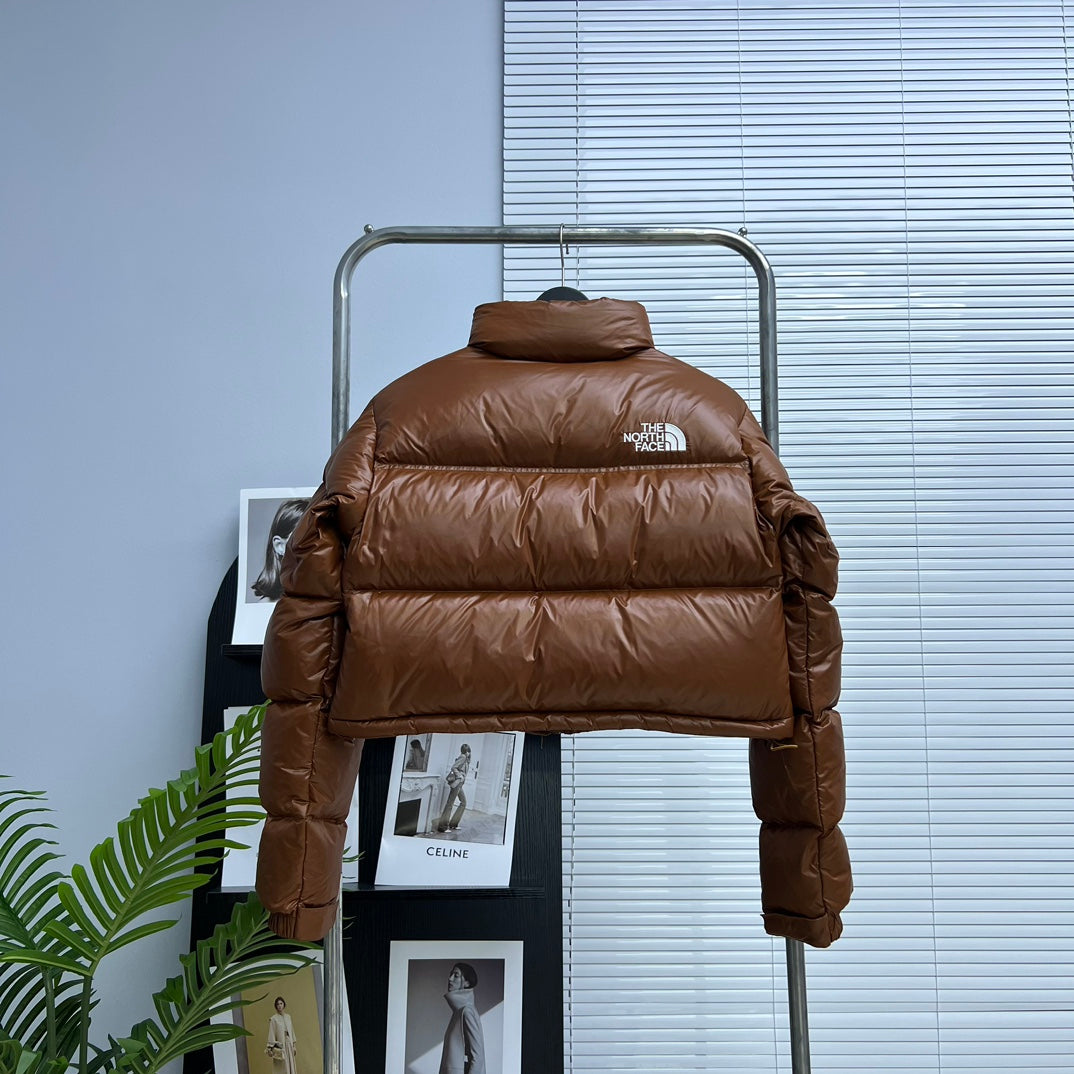 The North Face Brown Glossy Cropped Nuptse Puffer Jacket For Winter Style