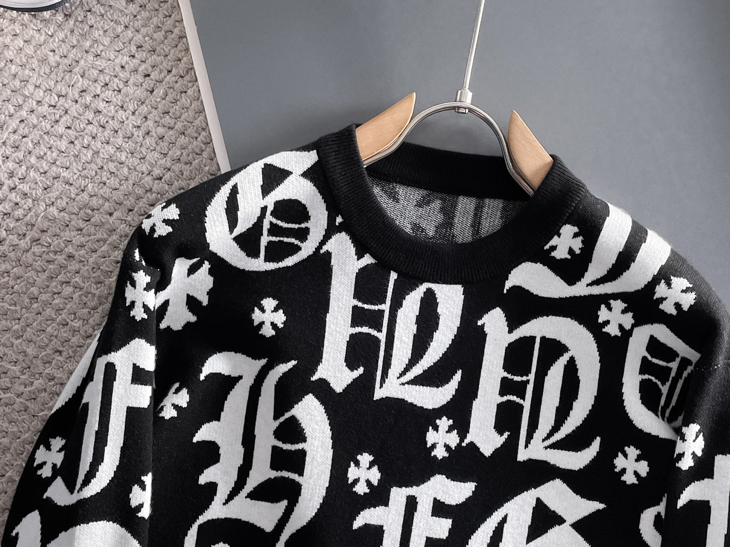 Chrome Hearts Style Black Crew Neck Sweater With Gothic Letter Print