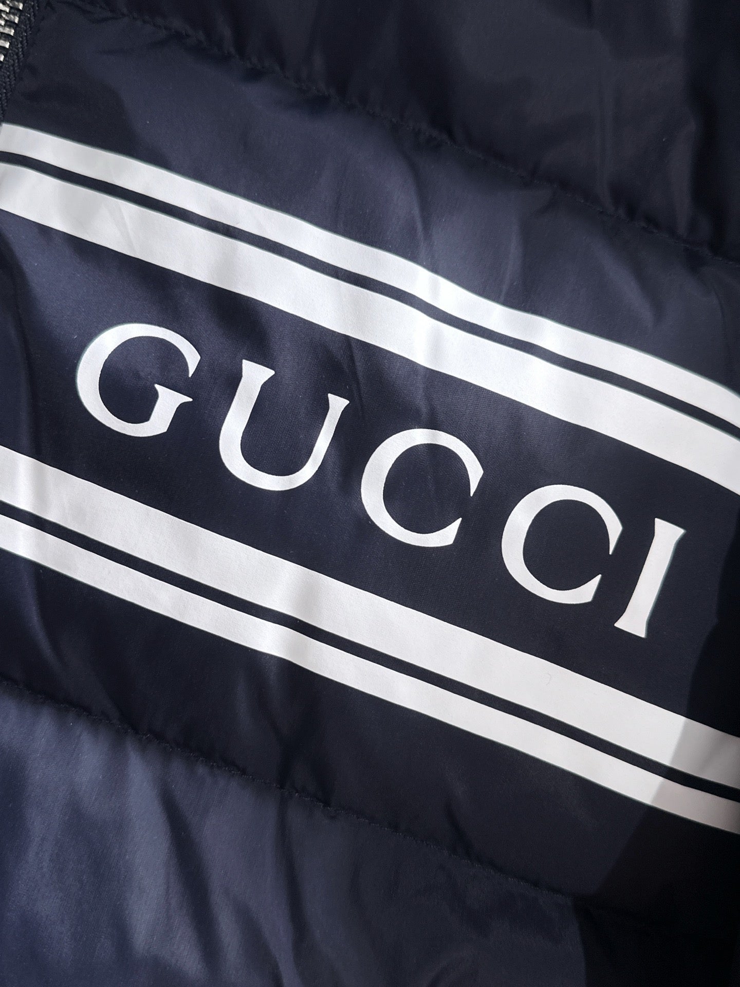Gucci Navy Blue Hooded Down Jacket With Brand Logo Stripe