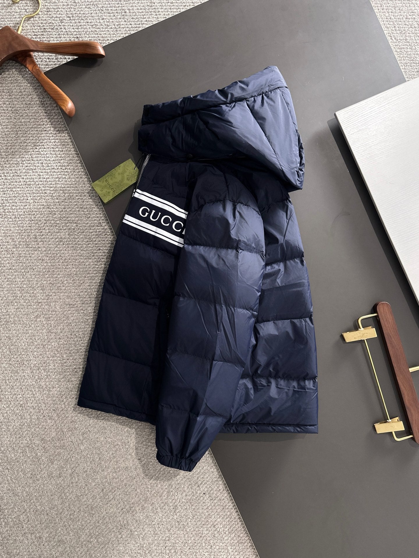 Gucci Navy Blue Hooded Down Jacket With Brand Logo Stripe