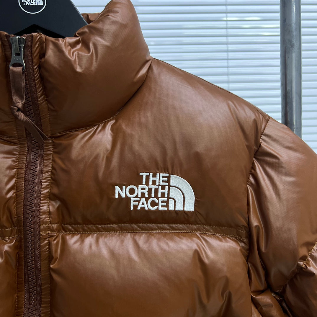 The North Face Brown Glossy Cropped Nuptse Puffer Jacket For Winter Style