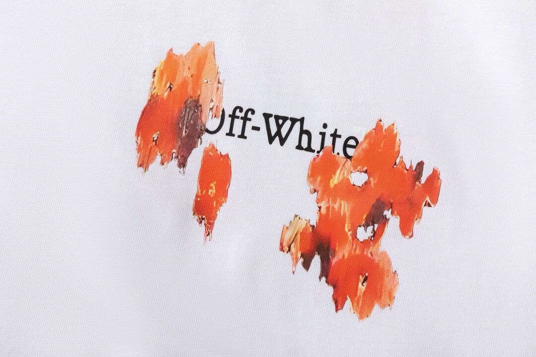 Off White White/Black T Shirt With Orange Floral Pattern And Brand Logo