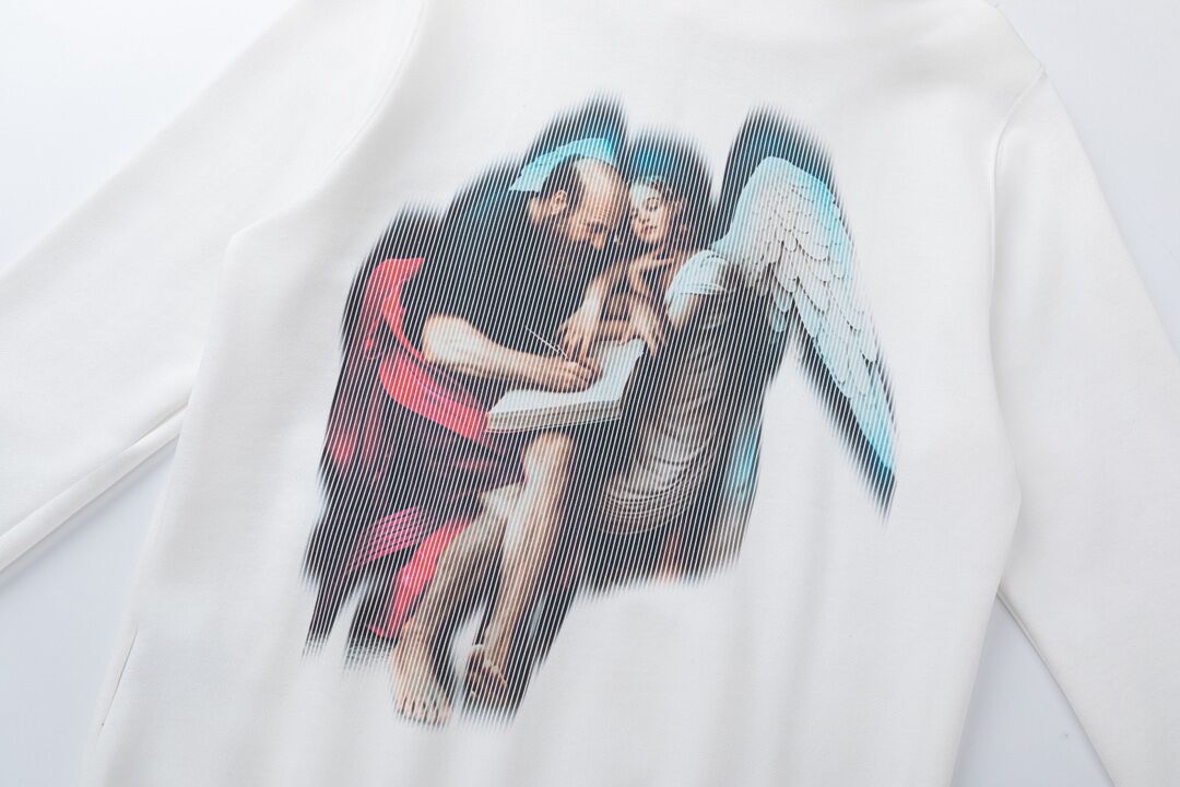 Off White Hoodie With Artistic Angel And Human Interaction Graphic Design