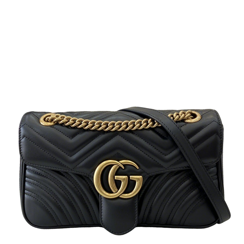 Gucci Black Matelassé Leather Shoulder Bag With Gold - Tone Double G Hardware And Chain Strap 443497