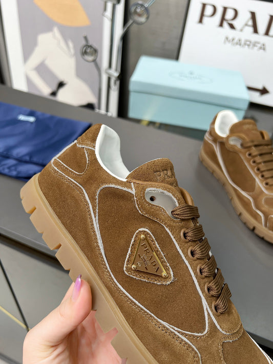 Prada Unisex Sneakers Triangle Logo Suede Luxury Sneakers