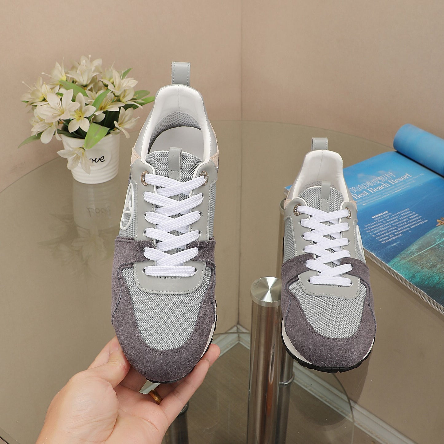Louis Vuitton Women's Grey Mesh and Suede Sneakers with Iconic Logo