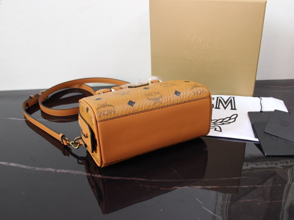 MCM Brown Visetos Coated Canvas Mini Boston Bag With Logo Plate 30199
