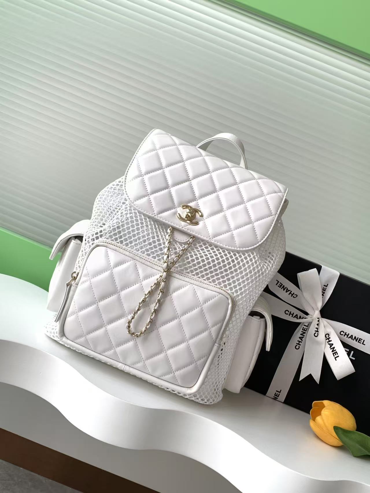 Chanel Black/White Quilted Leather Backpack With Mesh Panels And Gold Tone Chain Details AS5492