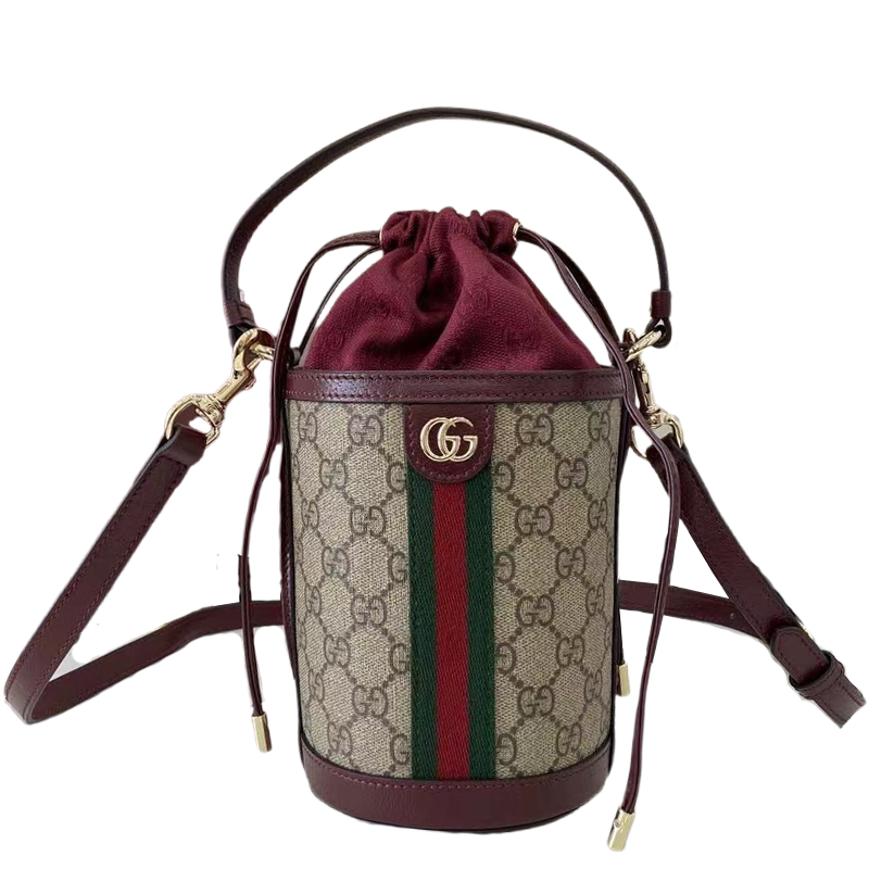 Gucci Beige Ebony GG Supreme Canvas Bucket Bag With Burgundy Suede And Web Stripe 838462