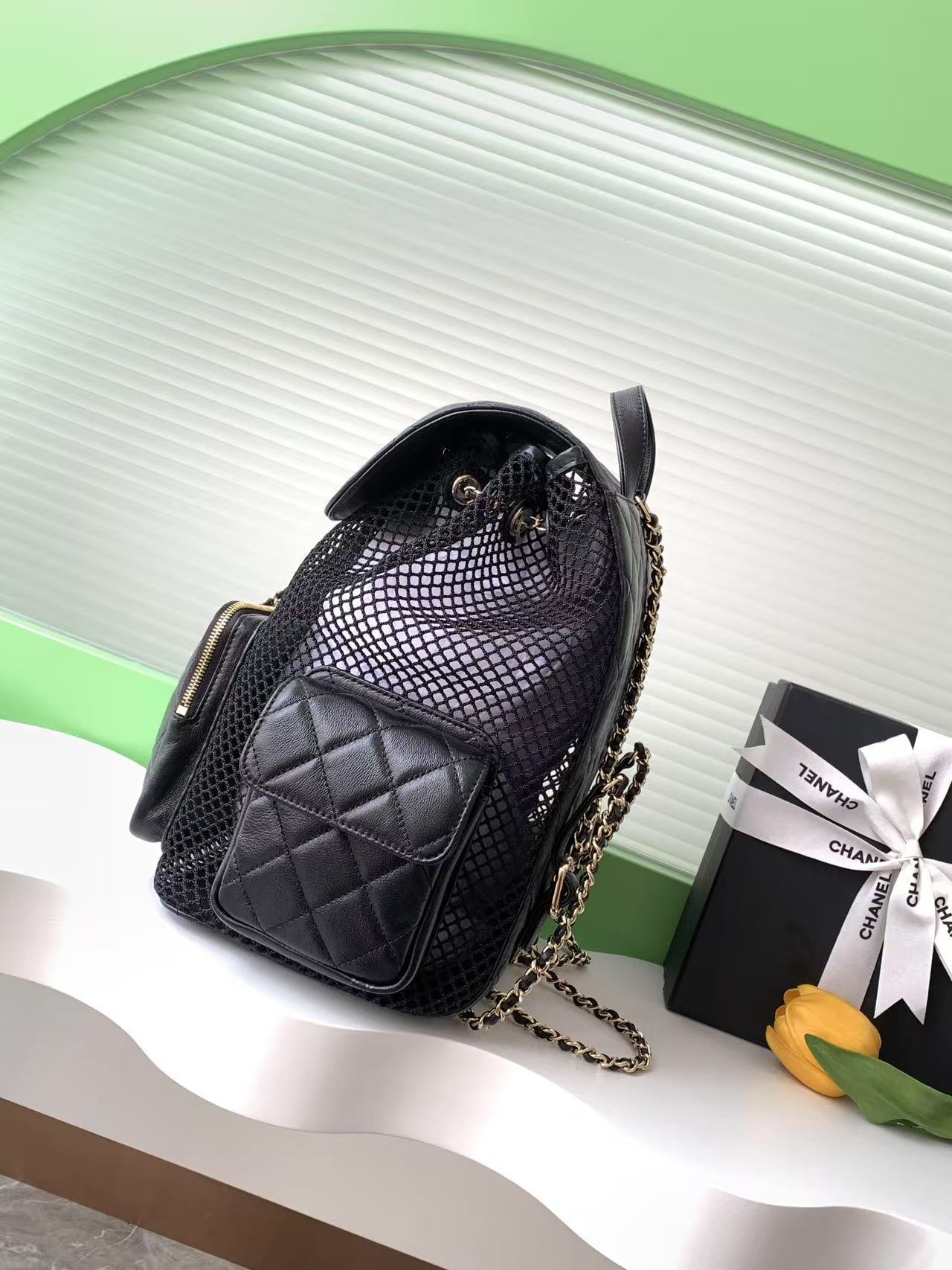 Chanel Black/White Quilted Leather Backpack With Mesh Panels And Gold Tone Chain Details AS5492