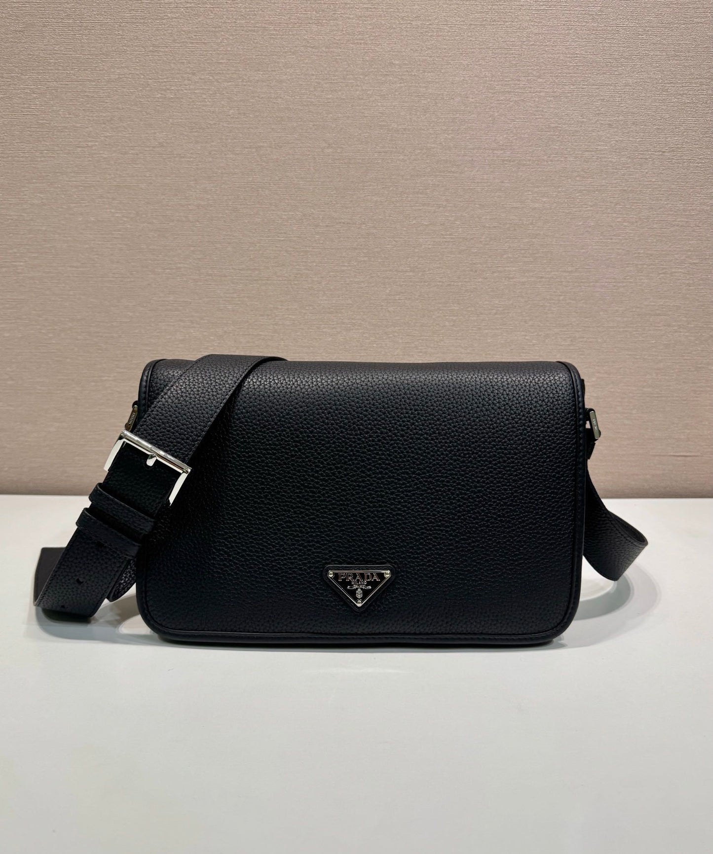 Prada Brown/Black/Gray Grained Leather Crossbody Bag With Signature Logo Plate 2VD075