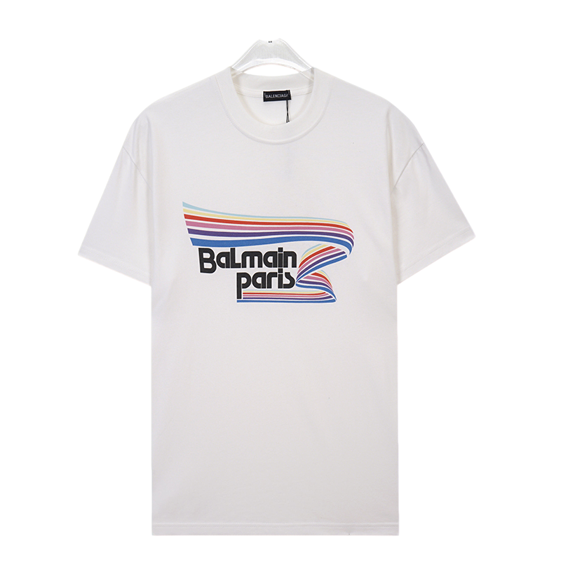 Balmain White/Black Tee With Colorful Striped Logo For Fashion - Forward Casual Outfits