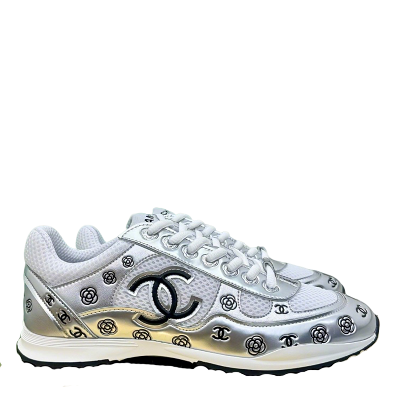 Chanel Silver - Toned Sneakers with Camellia and CC Logo