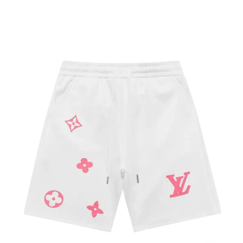 Louis Vuitton Men's White Drawstring Shorts with Pink Logo Prints
