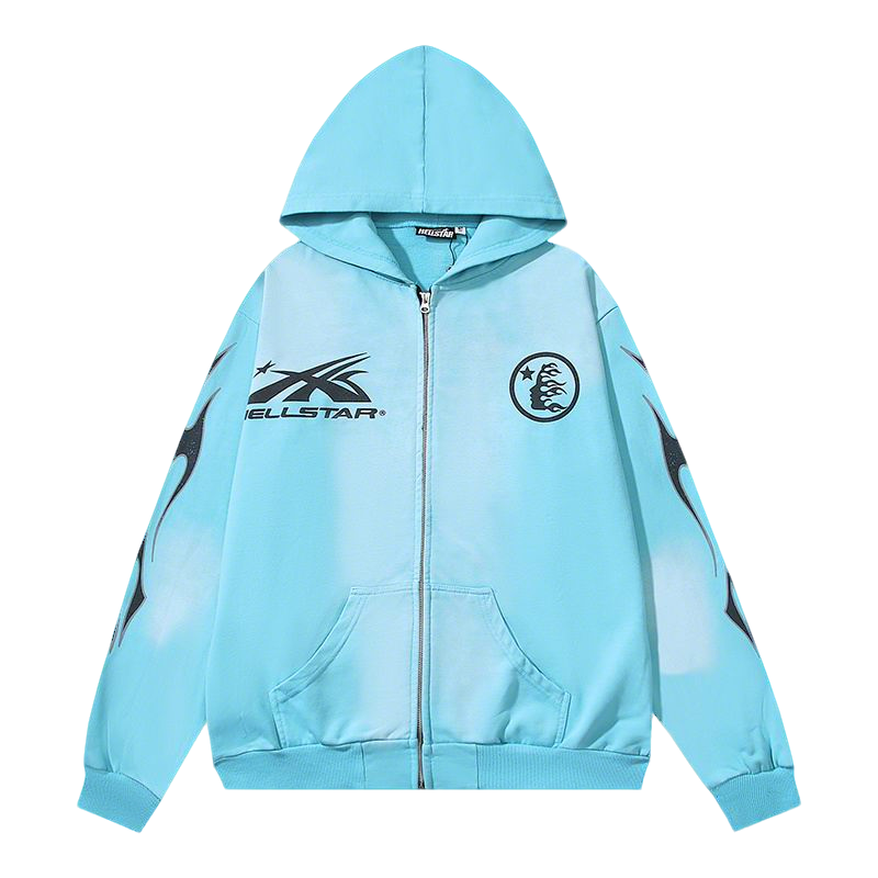 Light Blue Hooded Jacket With Hellstar Graphic Prints