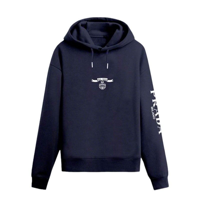 Prada Navy Blue Hoodie With Signature Logo Badge And Branding On Sleeve