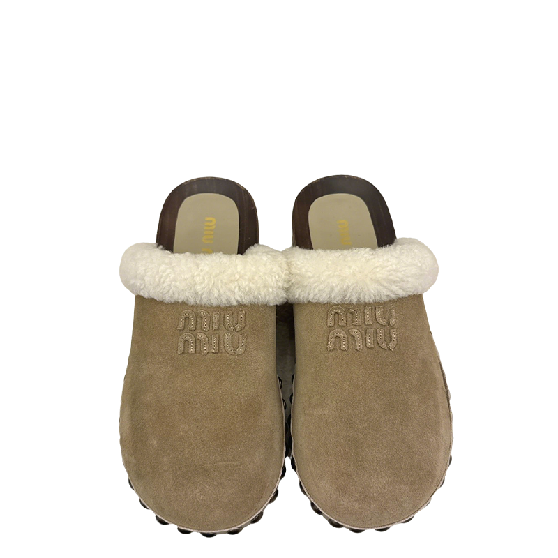 Miu Miu Women's Beige Suede Shearling - Lined Mules