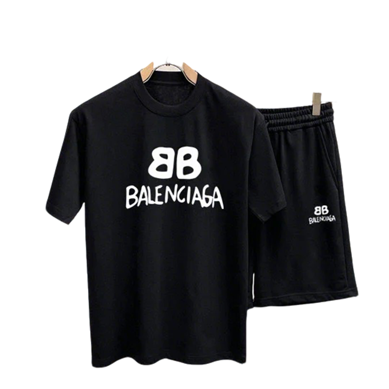 Balenciaga Black T - shirt And Shorts Set With White BB Logo
