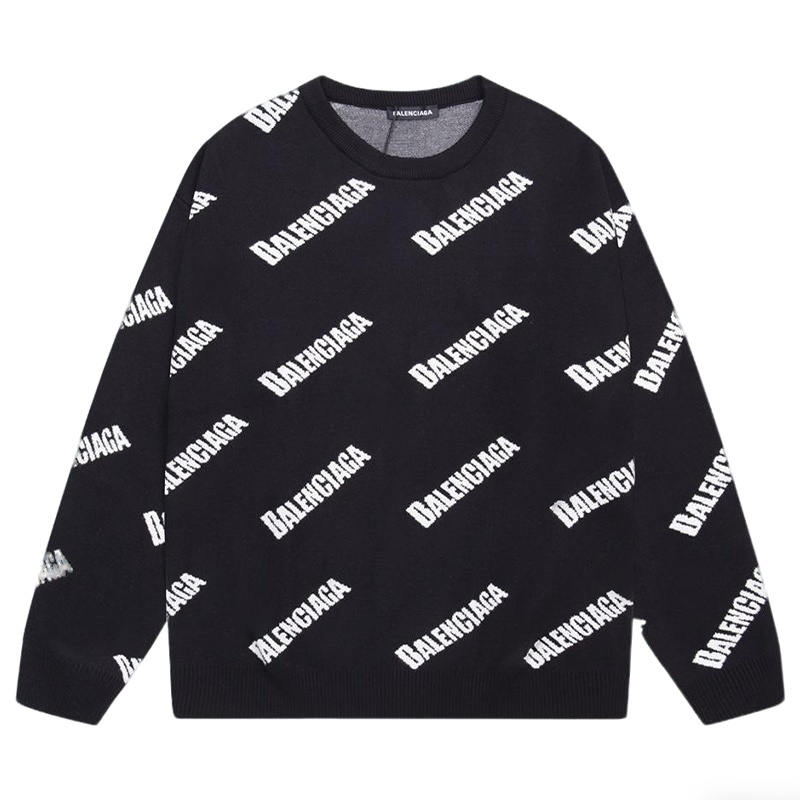 Balenciaga Black Crew Neck Sweater With All - Over Logo Print