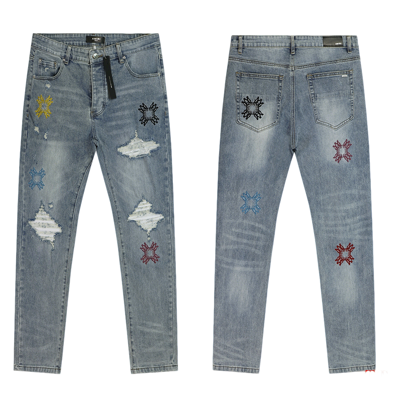 Amiri Light Blue Distressed Jeans With Colorful Embroidered Patterns