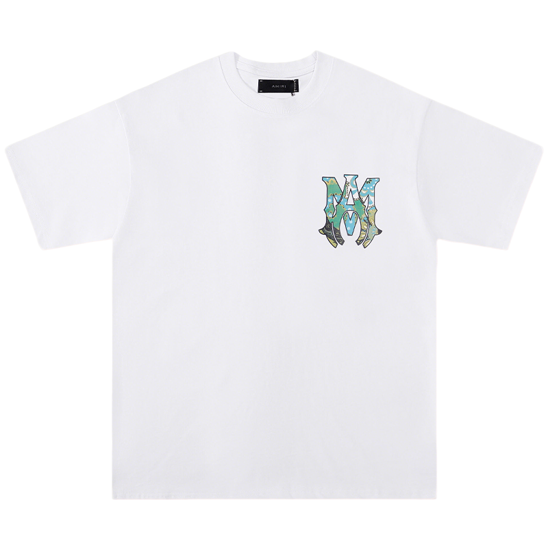 AMIRI White/Black Tee With Colorful Camo Logo For Stylish Streetwear Looks