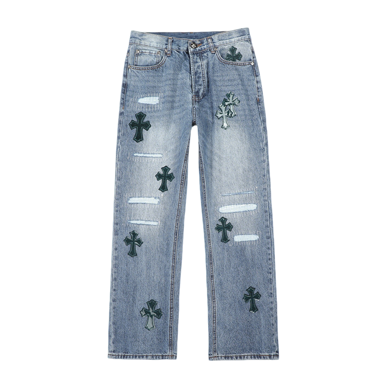 Chrome Hearts Inspired Men's Blue Jeans With Cross And Leopard Patches