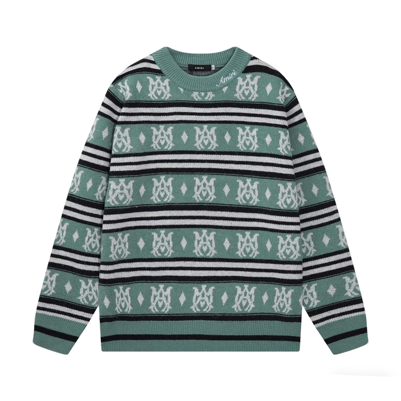 Amiri Men's Green Patterned Crew Neck Knitted Sweater With Brand Elements