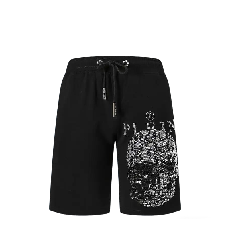 Philipp Plein Men's Black Shorts With Rhinestone Skull Logo