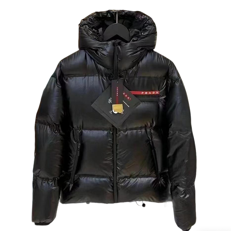 Prada Black Hooded Short Down Jacket With Brand Details