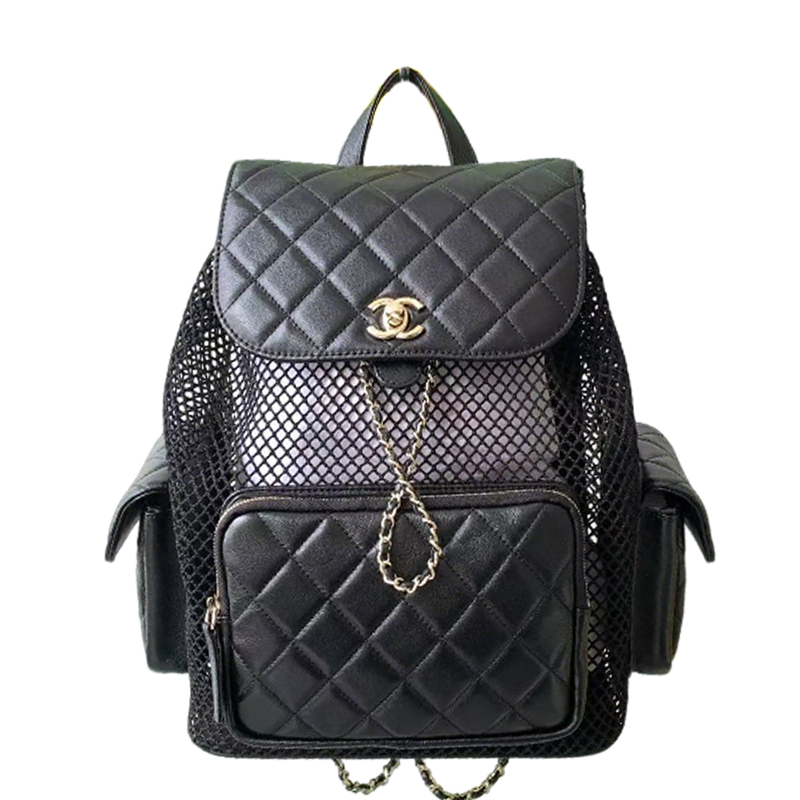 Chanel Black/White Quilted Leather Backpack With Mesh Panels And Gold Tone Chain Details AS5492