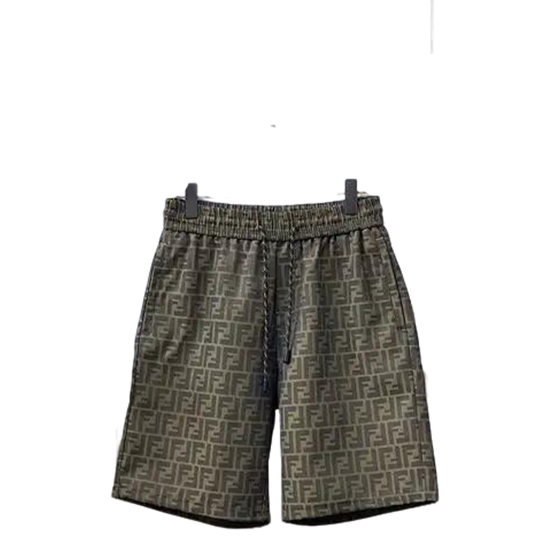 Fendi Men Olive Green FF Logo Print Elastic Waist Casual Shorts