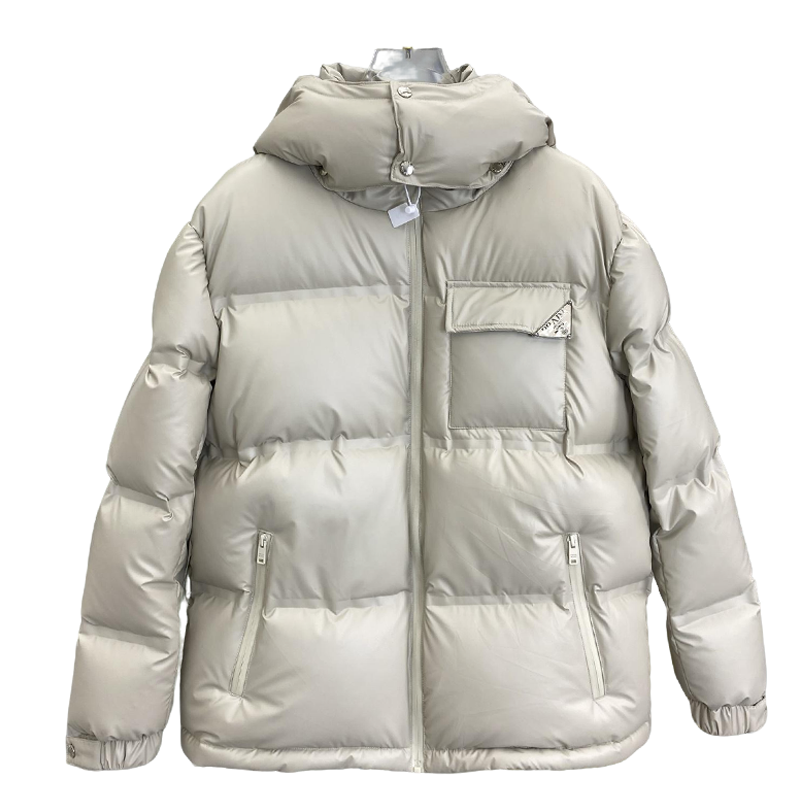 Beige Prada Hooded Puffer Jacket With Logo Pocket