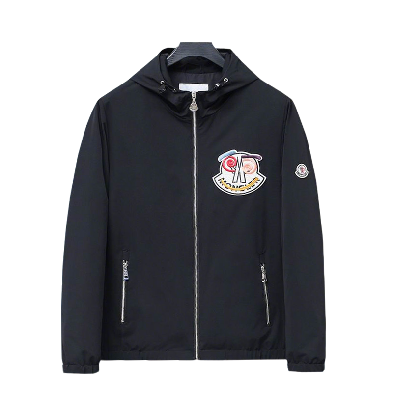 Moncler Men's Black Hooded Jacket With Embroidered Logo Patch