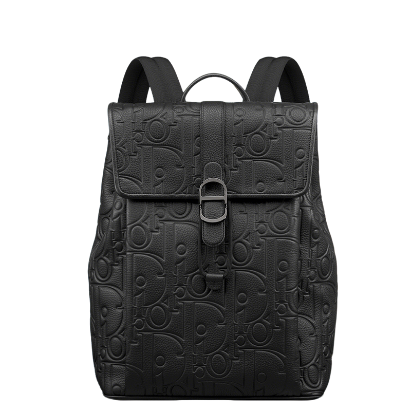 Elegant Dior Daily Black Leather Backpack With Embossed Monogram And Buckle Closure BA231