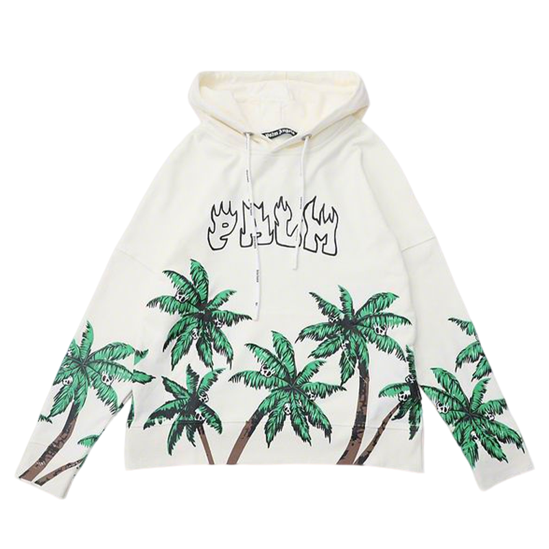 Palm Angels Cream Hoodie with Palm Tree Prints and Flame - styled Palm Lettering